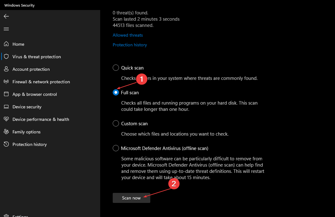 Параметры полного сканирования в Защите Windows