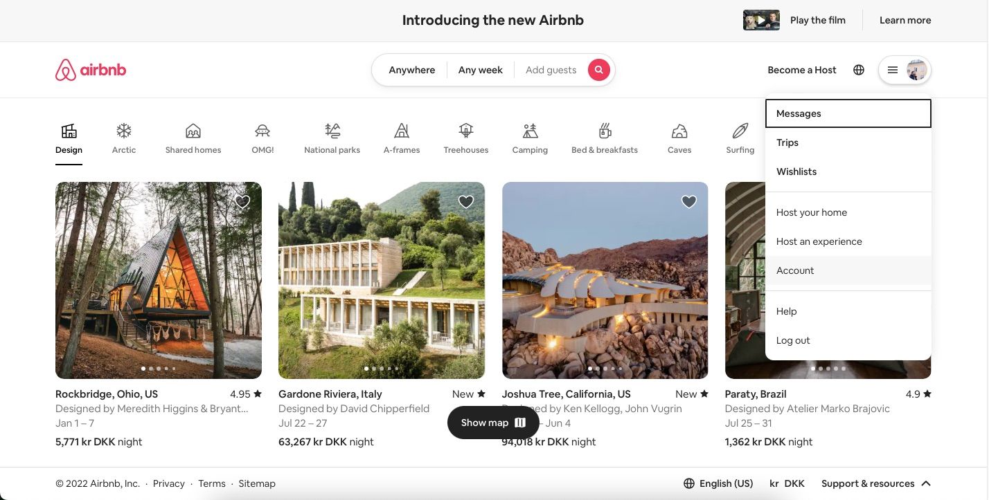 screenshot showing how to go to account on Airbnb