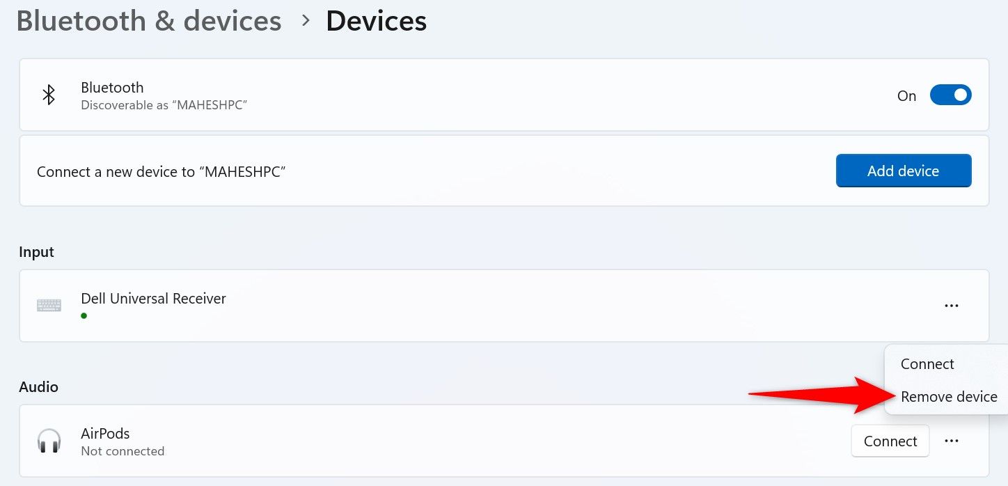 Меню устройства в Windows 11: опция Remove Device выделена