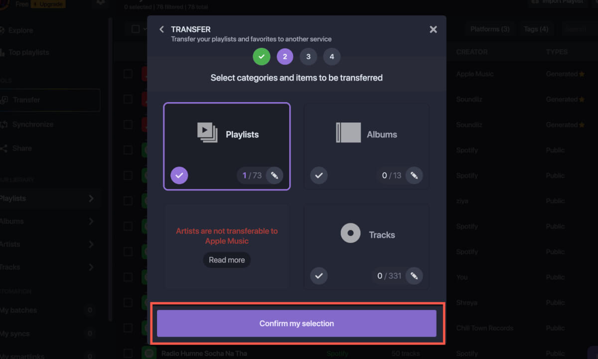 Подтверждение выбора плейлистов для переноса