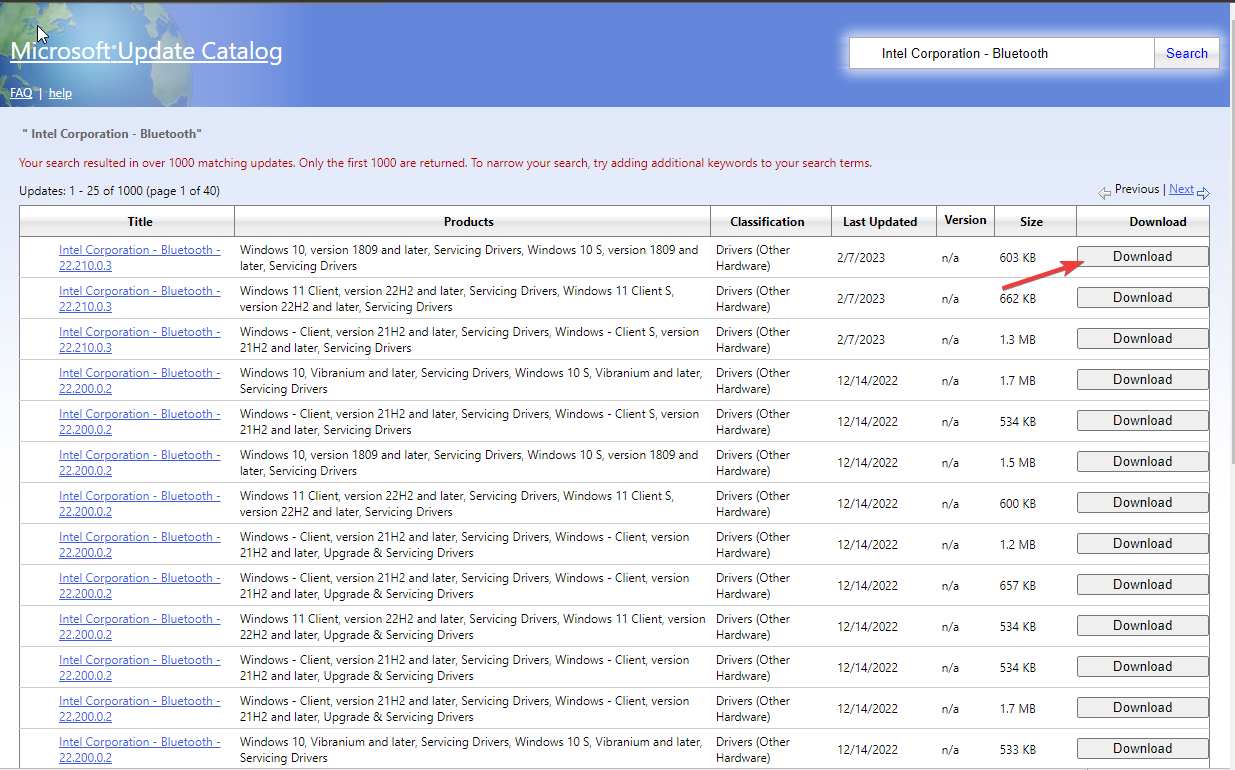 Список драйверов Bluetooth в Microsoft Update Catalog
