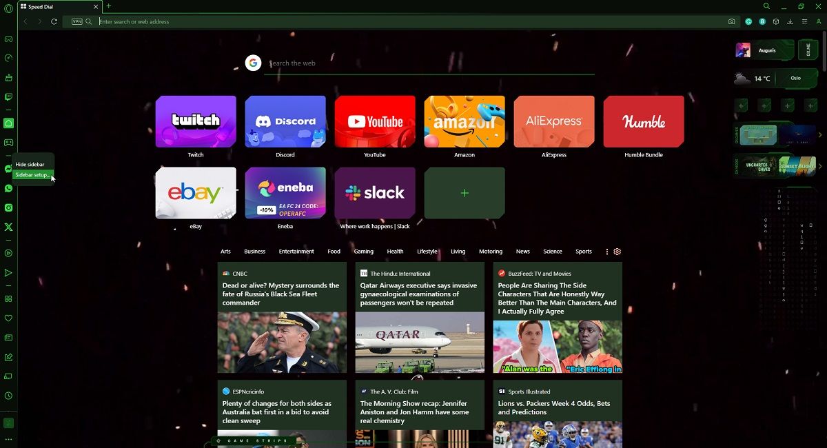 Настройки боковой панели Opera GX