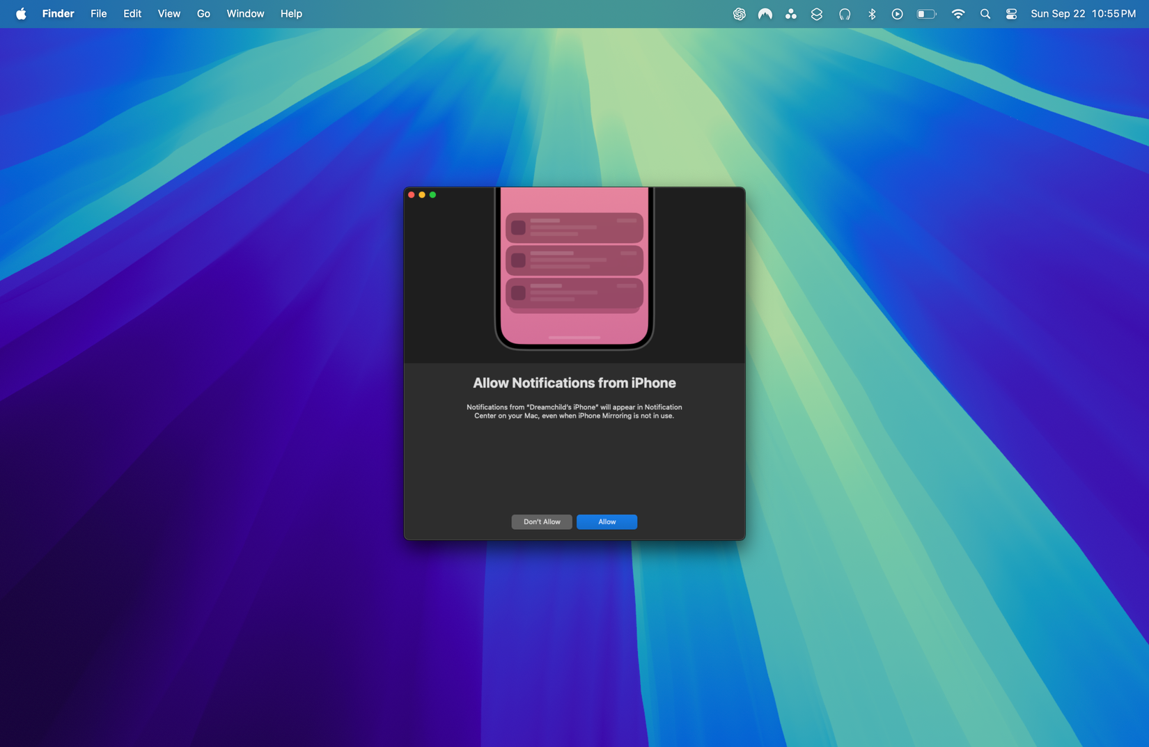 iPhone Mirroring notifications screen