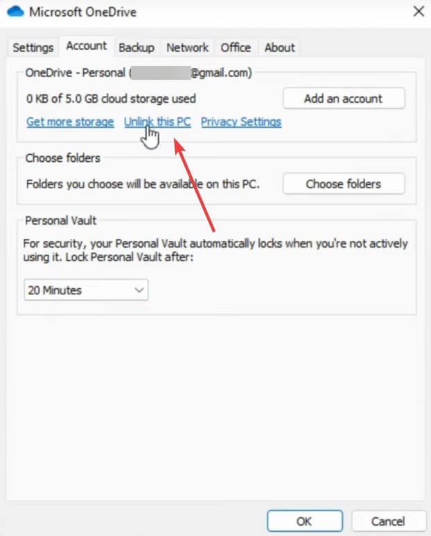 Отвязать учётную запись OneDrive