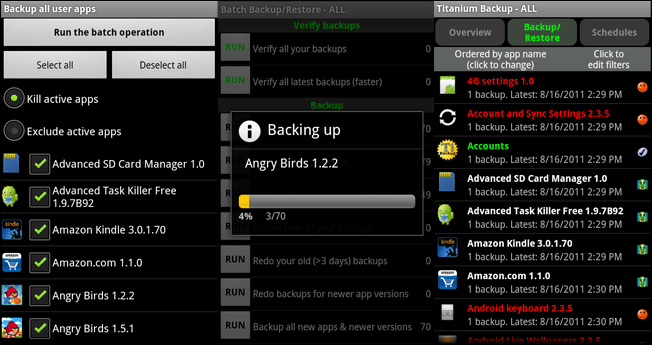 Параметры пакетного резервного копирования: убить активные приложения и выбор приложений