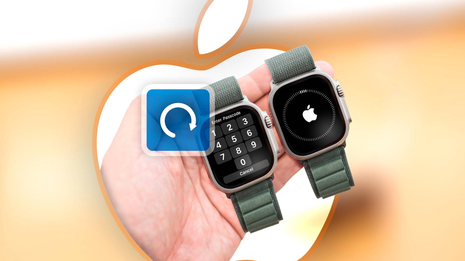 Рука, выходящая из логотипа Apple и держащая два Apple Watch.