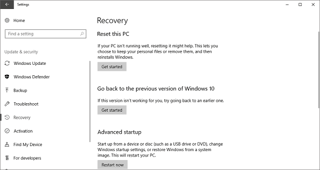 Кнопка «Начать» в разделе восстановления Windows 10