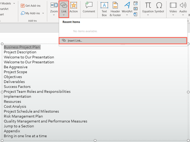 Выберите Ссылка, Вставить ссылку