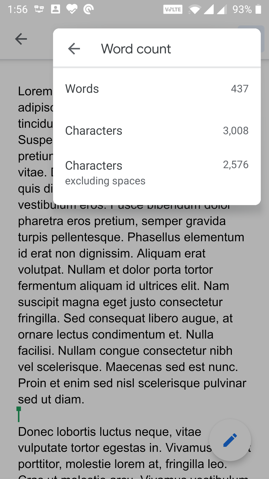 Окно со статистикой слов на мобильном устройстве