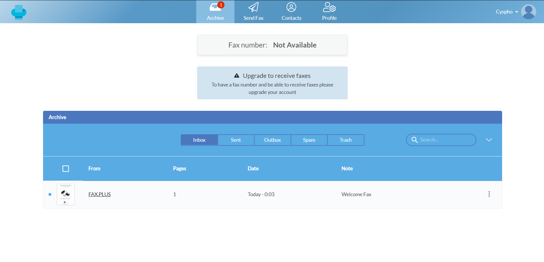 Интерфейс FAX.PLUS с почтовым ящиком.