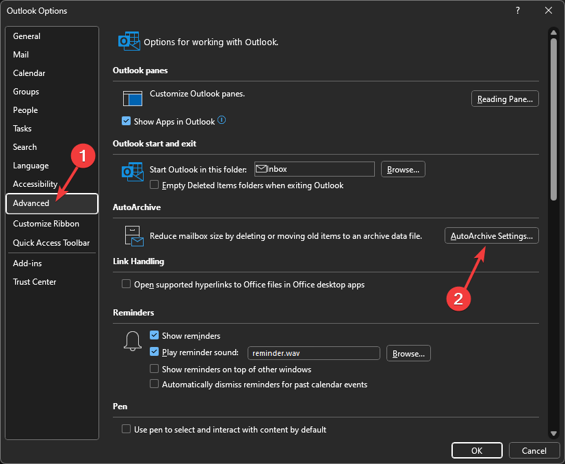 Tela AutoArchive Settings no Outlook
