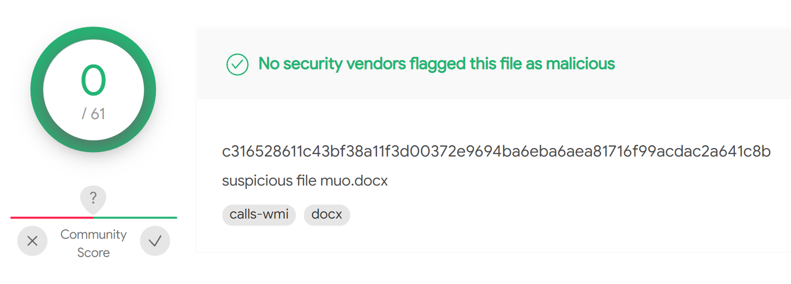 Скриншот результата сканирования файла в VirusTotal без выявленного вредоносного кода