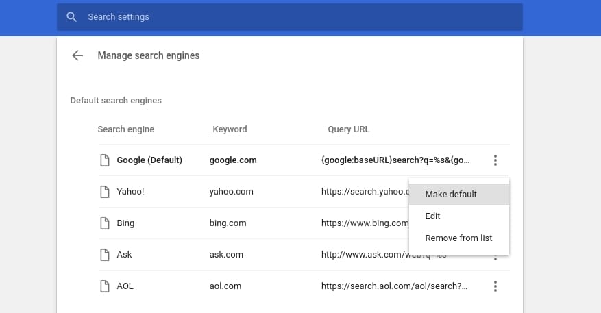 Настройки поиска и управление поисковыми системами в Chrome