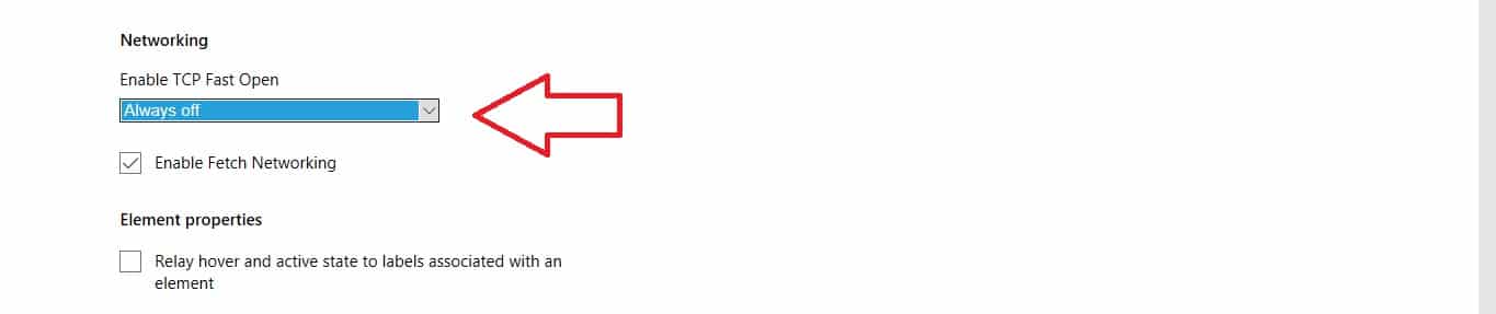 Configuración Networking con Enable TCP Fast Open configurado en Always off