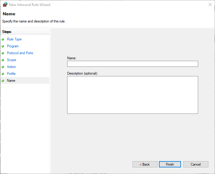 Шаг задания имени правила и описания
