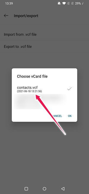 Выбор файла для импорта