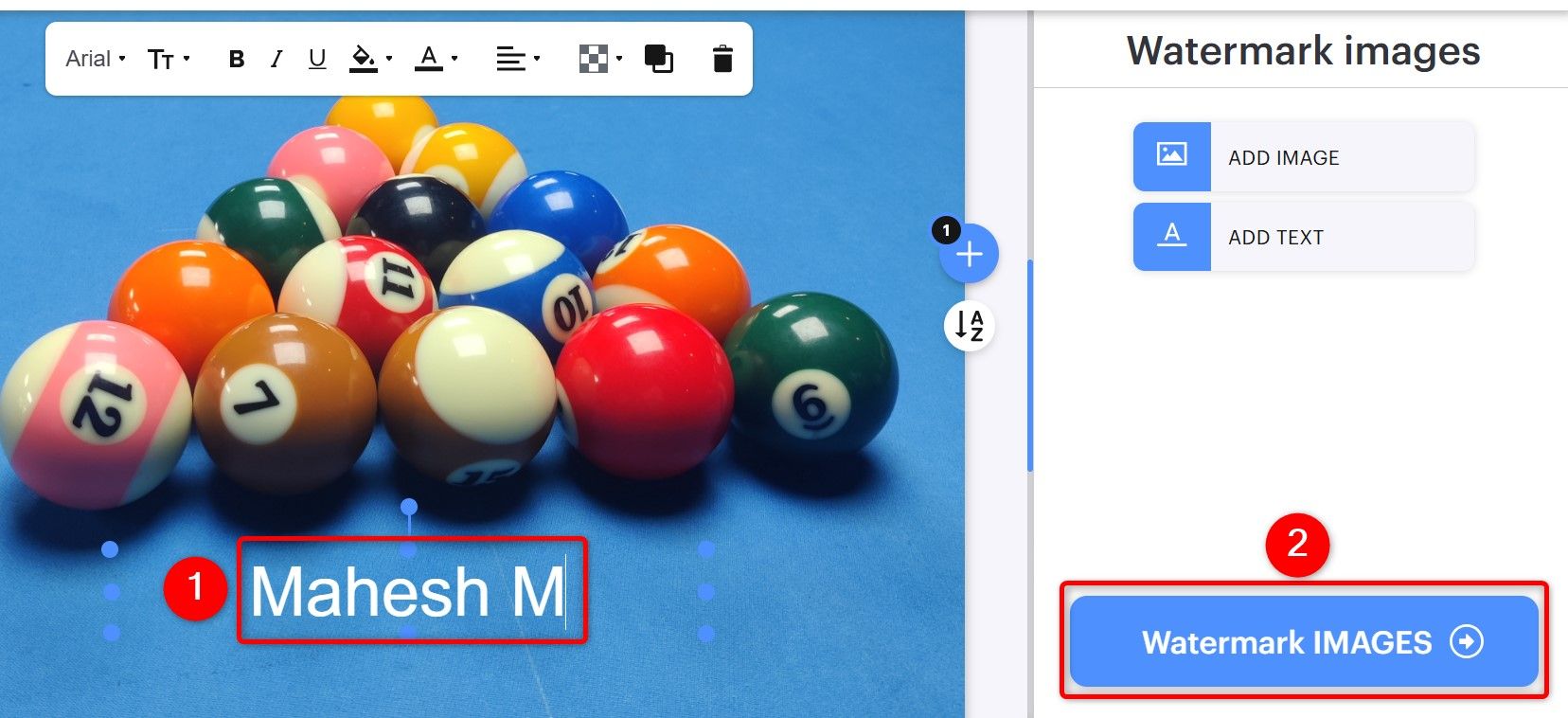 'A text watermark and 'Watermark Images' highlighted on iLoveIMG.