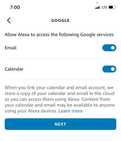 Экран разрешений Alexa для доступа к аккаунту