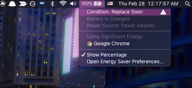 Выпадающее меню состояния батареи в macOS