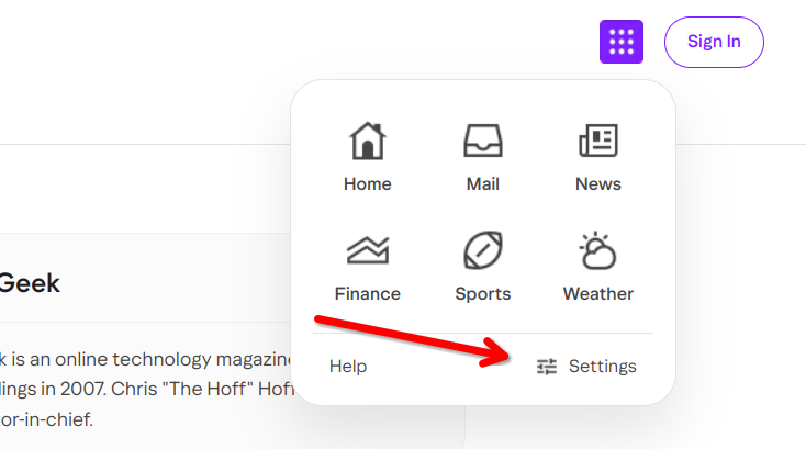 Кнопка Settings в меню Yahoo выделена стрелкой