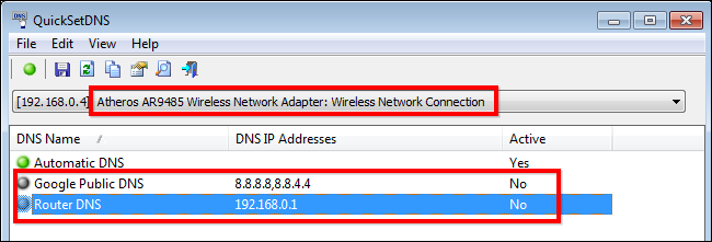 Список DNS-серверов и индикатор активного DNS