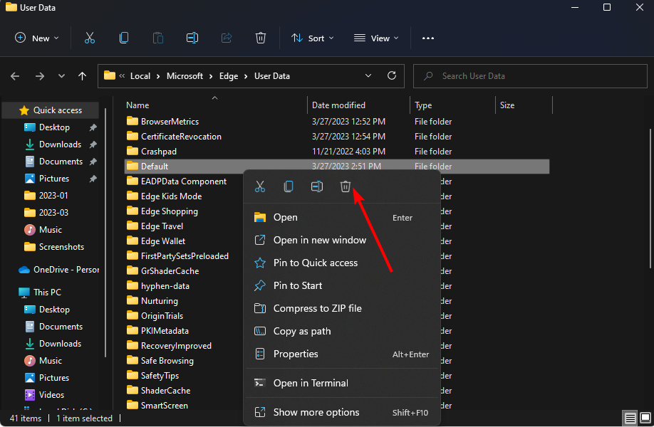 Удаление папки Default профиля Microsoft Edge