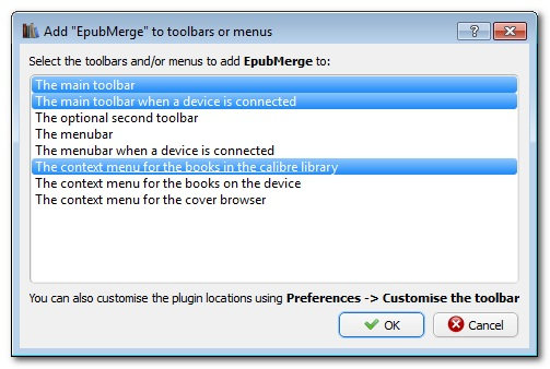 Scelta di posizionamento del collegamento del plugin nella toolbar e nel menu contestuale