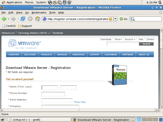 Страница регистрации VMware с полями для ввода данных пользователя и выводу серийного номера