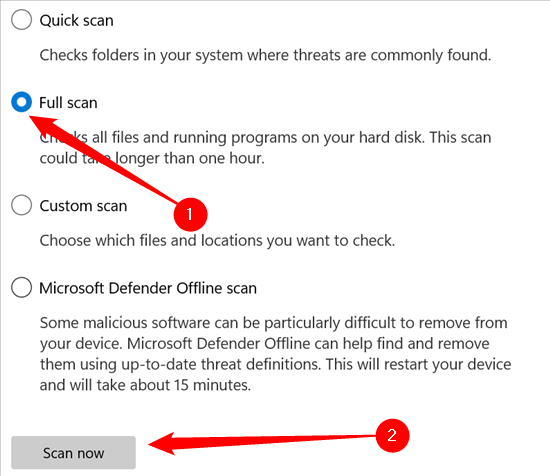 Выберите тип сканирования и нажмите «Проверить сейчас»