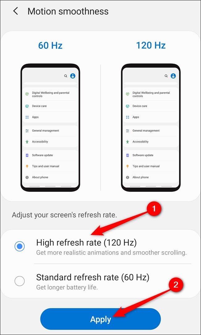 Выбор 120 Гц и кнопка «Применить» в настройках Samsung Galaxy S20