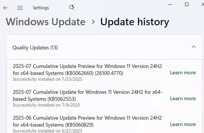 Журнал обновлений Windows 11 — качественные обновления, июль 2025