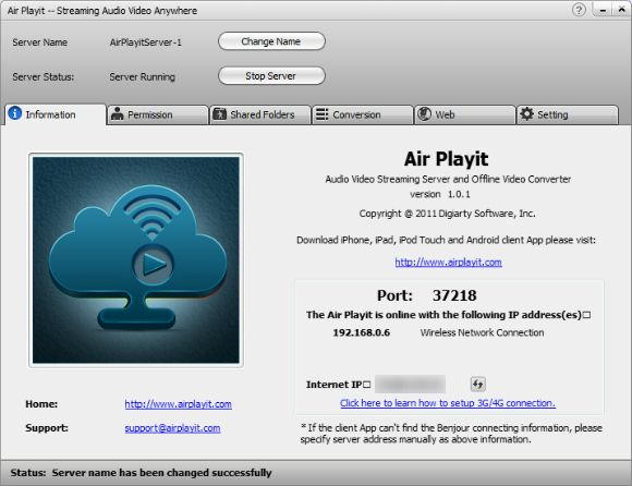 Список вкладок и статус сервера Air Playit