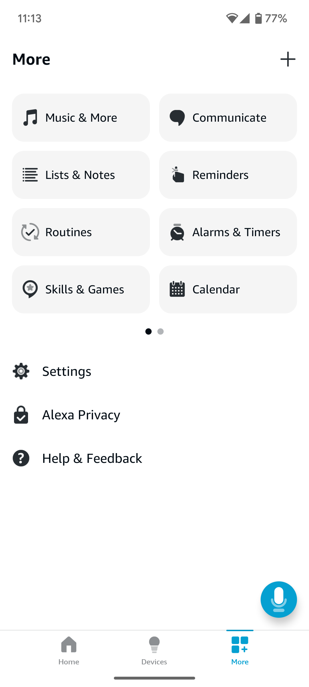 The More menu on the Alexa app