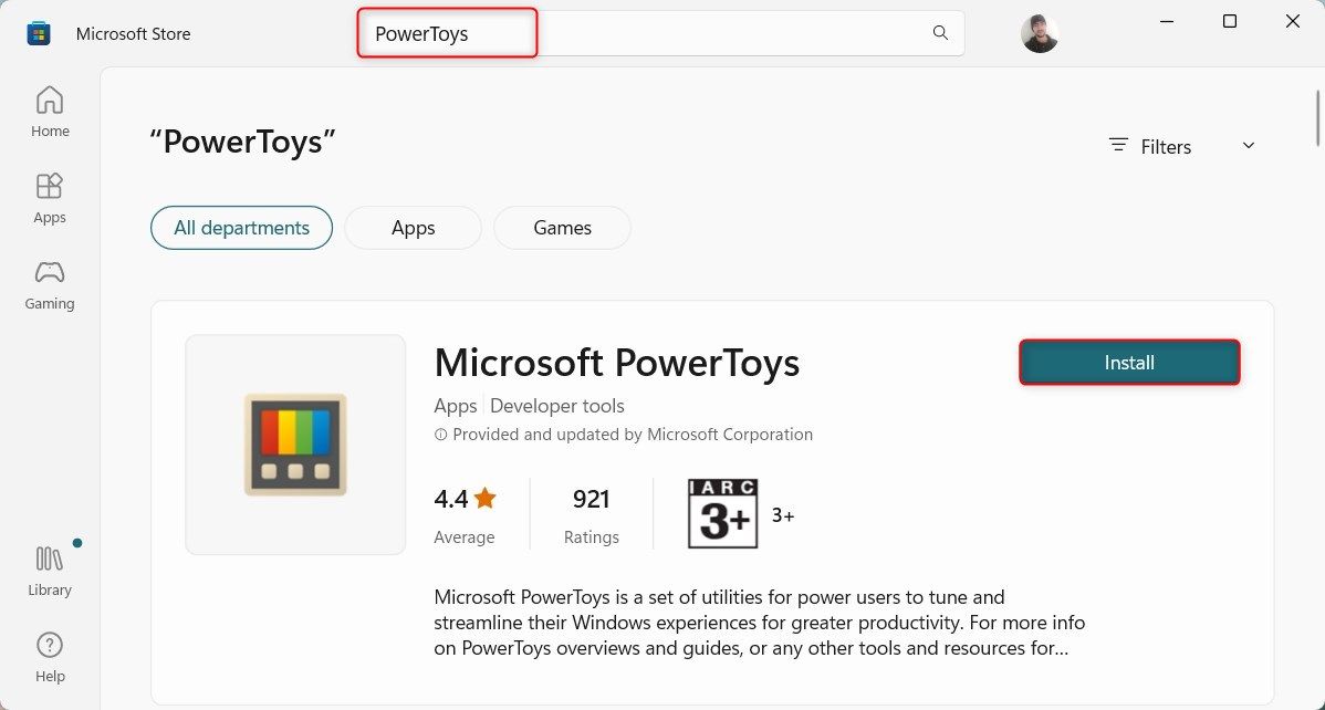 Установка PowerToys через Microsoft Store — интерфейс магазина