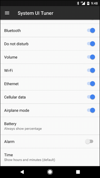 Скриншот System UI Tuner в стоковом Android с меню статуса