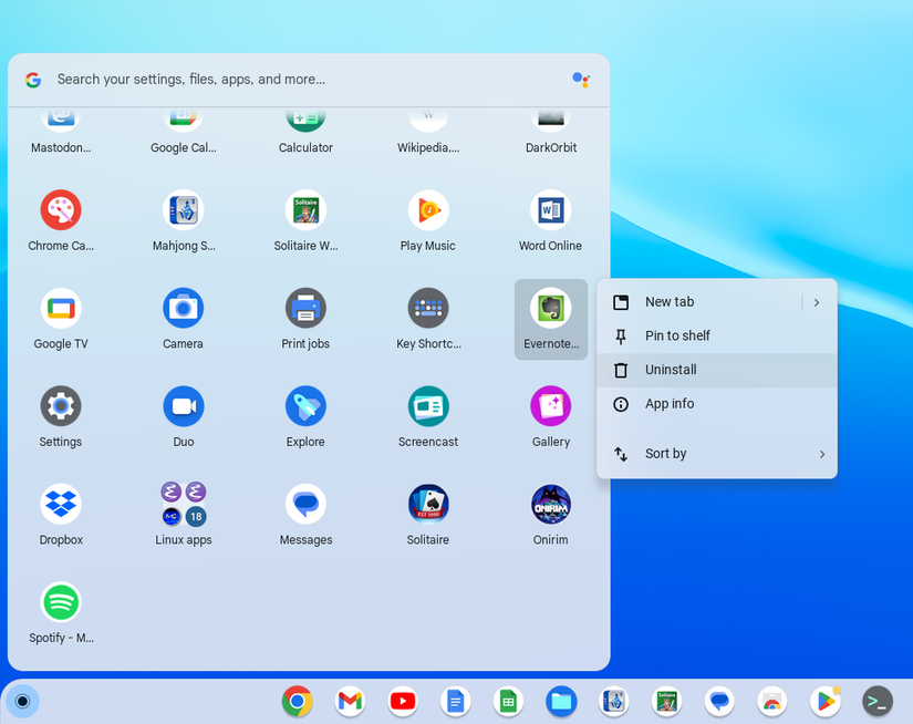 Меню лаунчера Chromebook