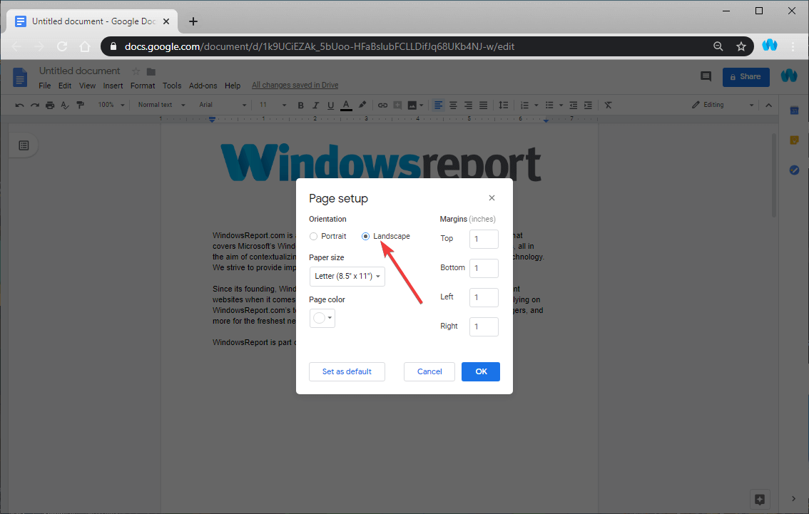 Настройка альбомной ориентации в Google Docs — диалог 'Параметры страницы'