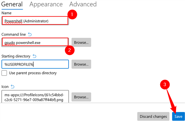 Измените имя профиля и командную строку, затем сохраните профиль.