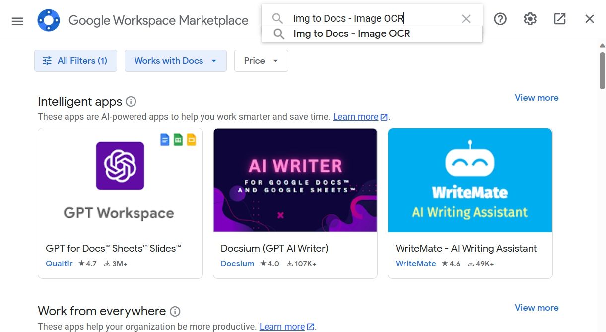 Поиск 'Img to Docs - Image OCR' в каталоге дополнений