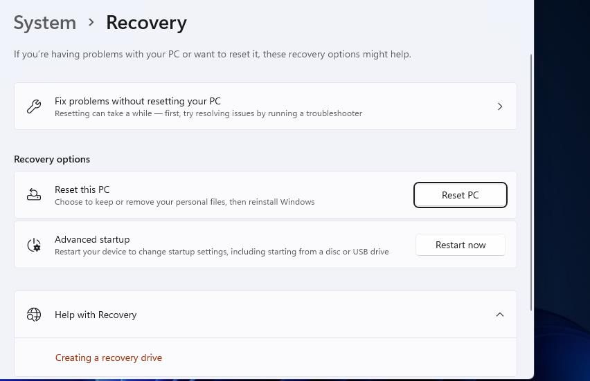 Кнопка Reset this PC