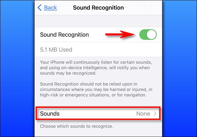 Включите Распознавание звуков в Настройках iPhone