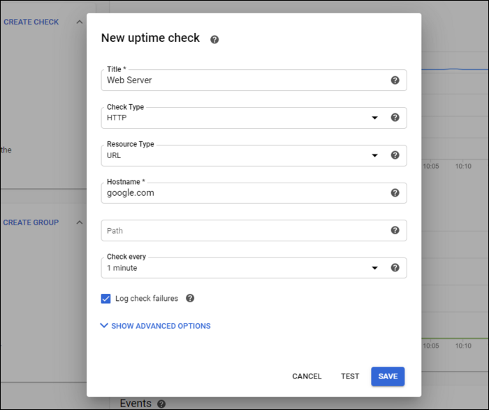 Настройка uptime check во вкладке 'Overview'