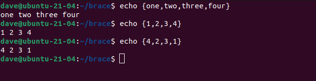 Вывод echo {one,two,three,four} в окне терминала