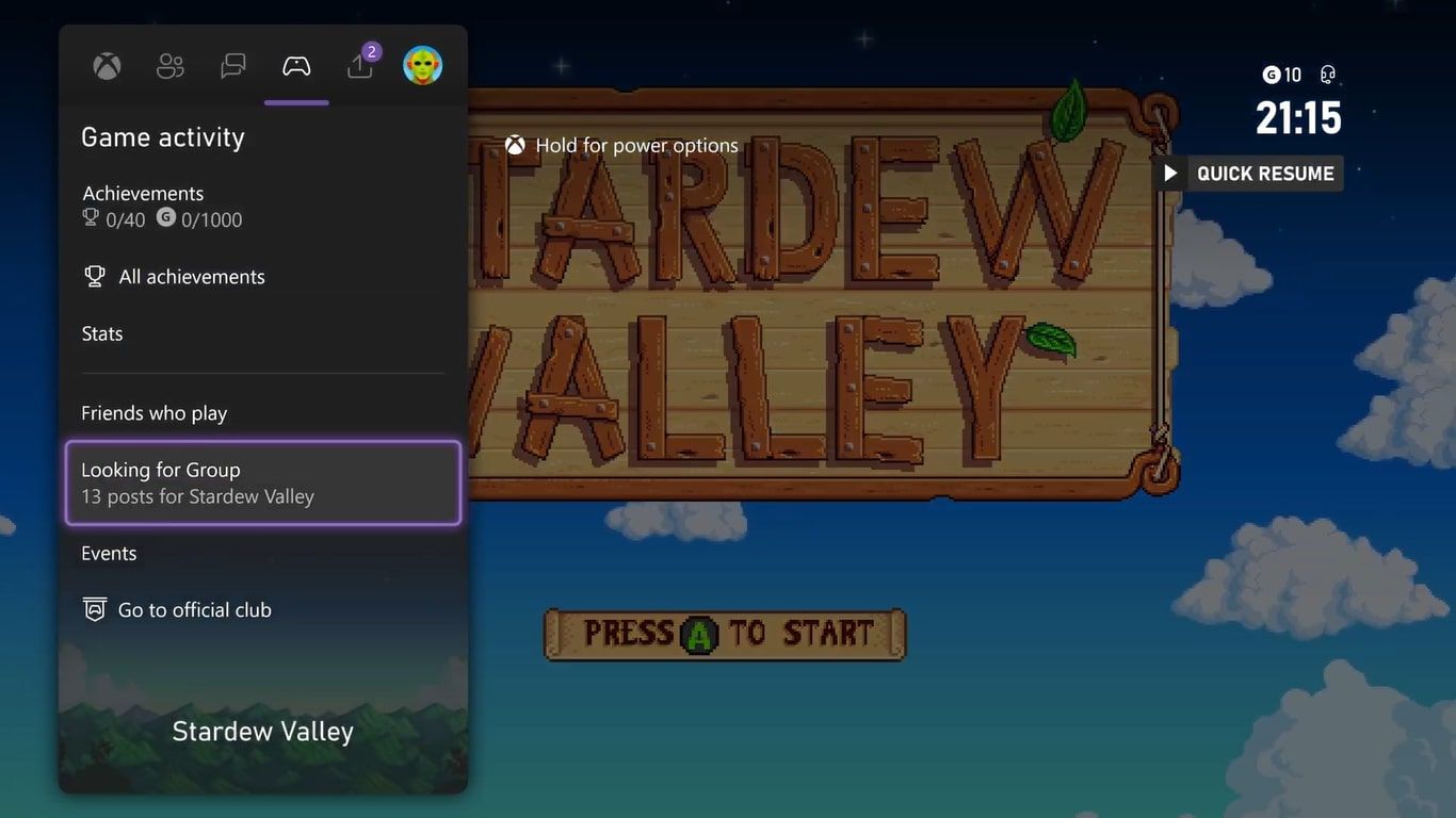 Скриншот меню справки Xbox Series X с выделенной функцией Looking for Group