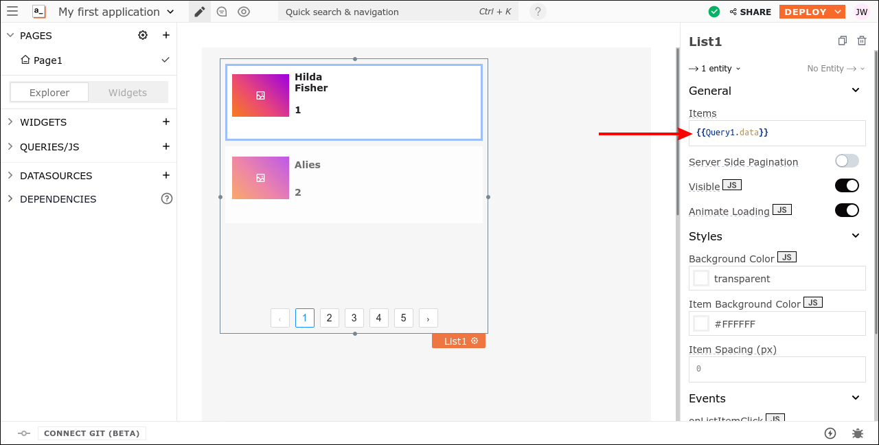 Скриншот настройки виджета Appsmith для работы с источником данных