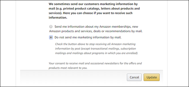 Опция 'Do not send me marketing information by mail' в разделе реклама по почте