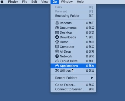 Меню «Перейти» в macOS для открытия пакета Outlook