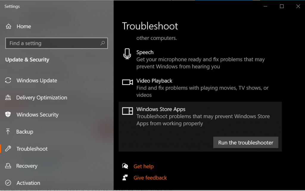 Risultato 'Risoluzione problemi app Windows Store' nelle impostazioni