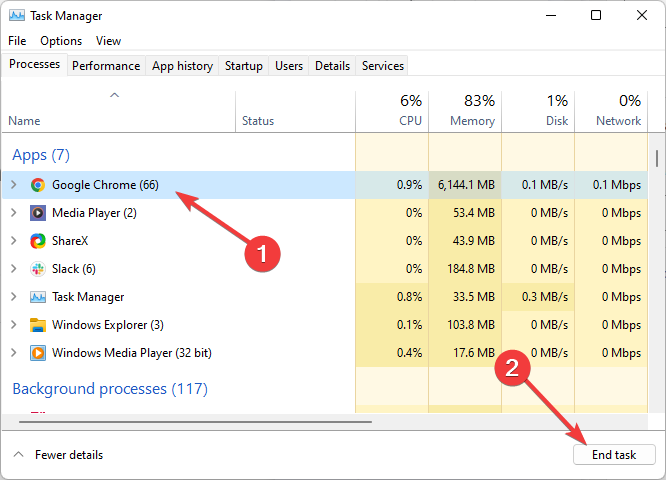 Диспетчер задач с процессами Google Chrome