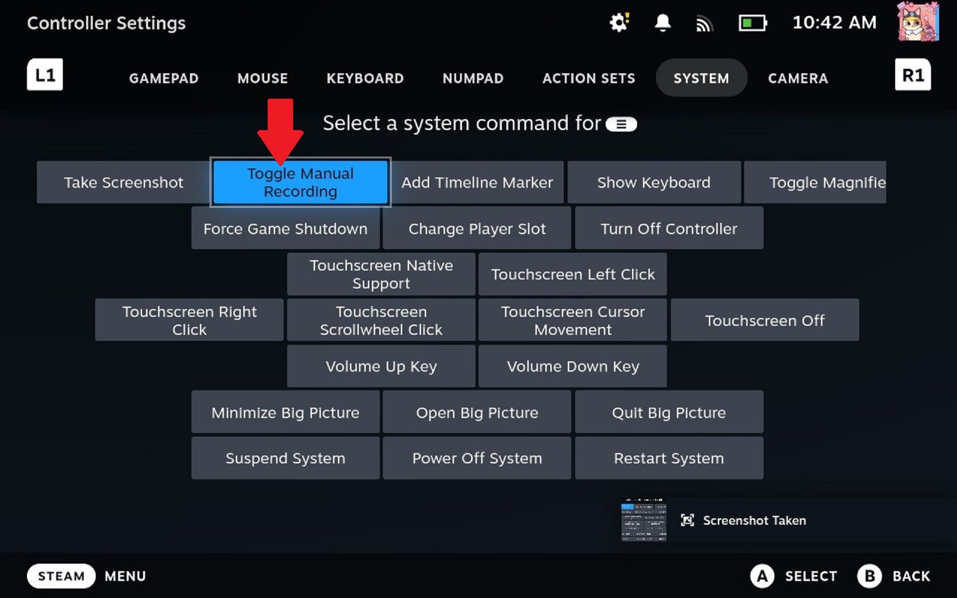 Экран переназначения кнопок на Steam Deck
